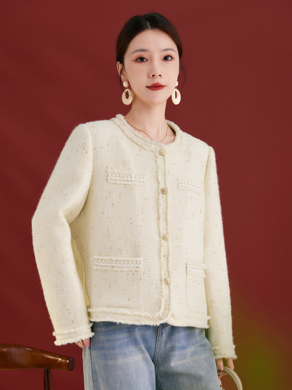 法式小香风桑蚕丝短外套2025秋冬新款高级感显瘦白色上衣女1207|undefined