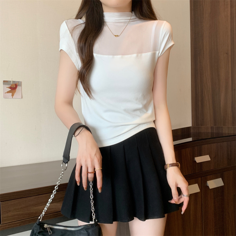 여성용 티셔츠 디자인 틈새 여름 하프 터틀넥 슬림 메쉬 스플라이싱 바닥 달콤한 핫 소녀 섹시한 반팔 탑