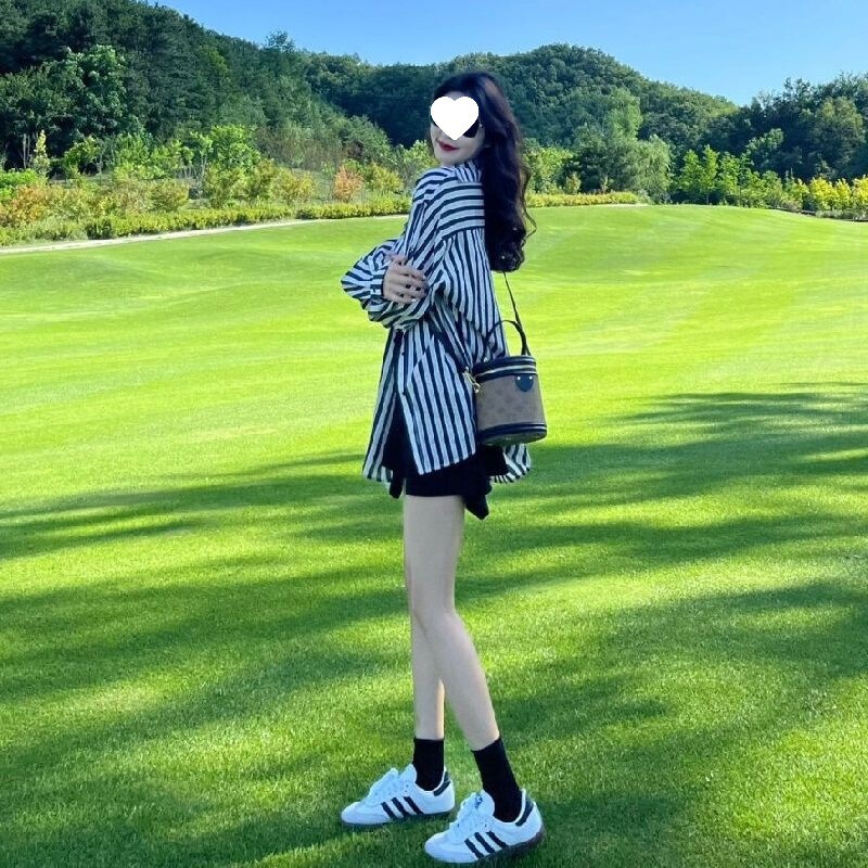 开春季网红炸街减龄绝美法式条纹衬衫配抹胸连衣裙两件套装女|undefined