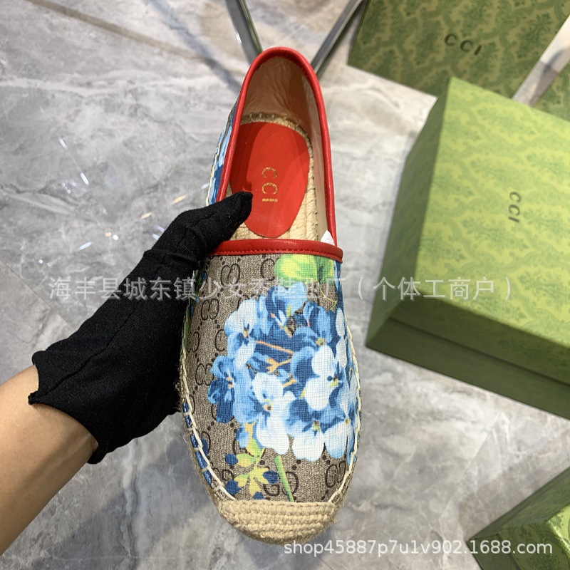 Comercio exterior transfronterizo G bordado estándar estampado zapatos de pescador 2025 suela de goma tejida boca poco profunda zapatos casuales de un solo pedal