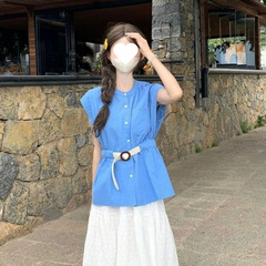 フレンチスタイルの爽やかなフリル袖トップス、女性用夏のドーパミン系コーデセット、美しいウエストマークショートスリーブシャツ