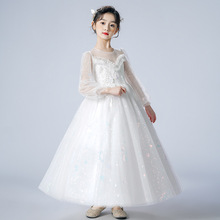 女童公主裙小女孩纯白色晚礼服主持长袖连衣裙子厂家现货一件代发