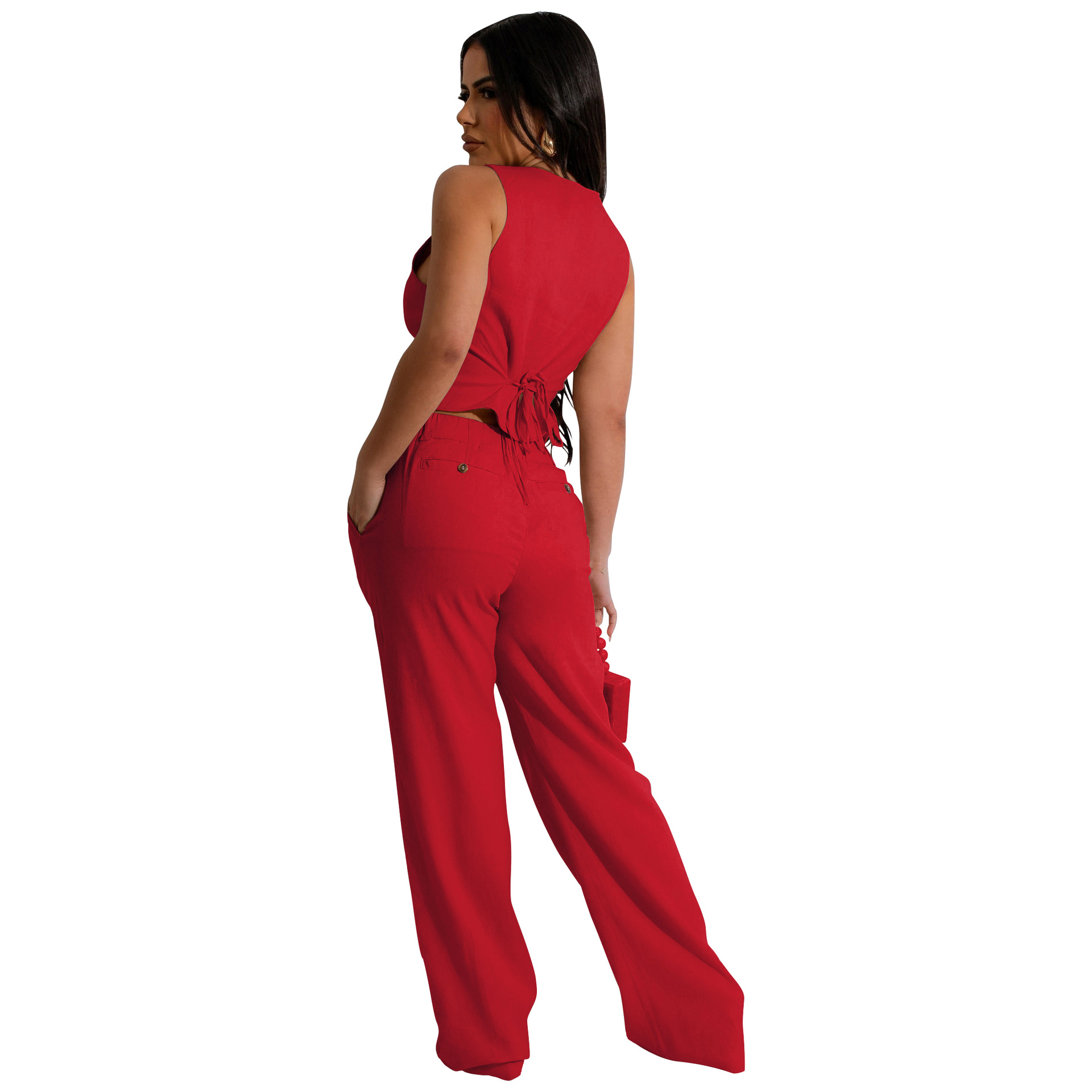 350g Weight Sleeveless Sleeve Length Spandex, Polyester Fabric Type Pant Co-ord Set Sets Type 2 Pieces Set Quantity Holiday Occasion V Neck Neckline Slim Fit Type Solid Color Pattern Summer Season Women's Gender Button Design Casual Style Holiday Women's Casual Solid Color Spandex Polyester Button Pant Co-ord Set Pants Sets 17