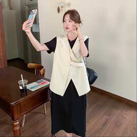 黑色随性松弛感连衣裙套装女气质收腰马甲两件套2026夏季时尚穿搭