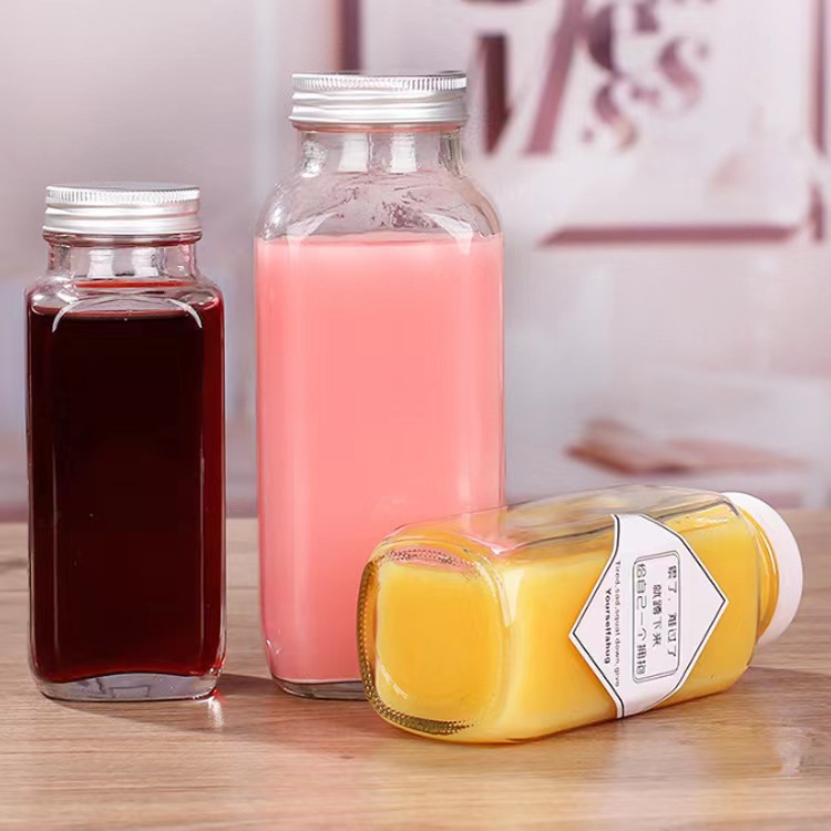 批发零售八角方饮料瓶 加厚玻璃透明果汁瓶 180ml250ml350ml500ml