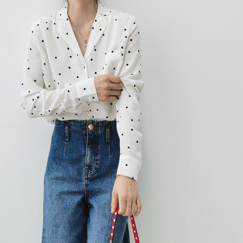 清仓 法式优雅文艺单口袋西装领白底黑点印花重砂洗真丝衬衫女