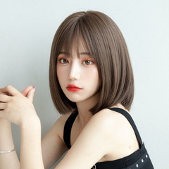 Female Internet celebrity bobo short straight hair temperament buckle Korean girl full headgear hair cover air bangs fake headgear