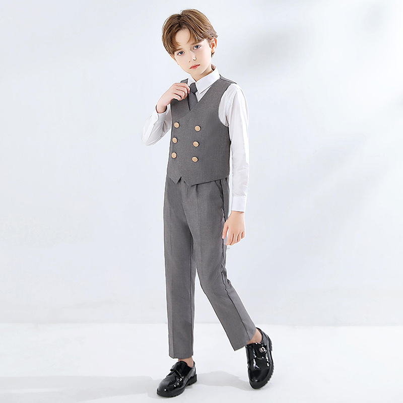 Traje para niños chaleco traje de niño gris estilo británico vestido flor niña traje anfitrión guapo de gama alta