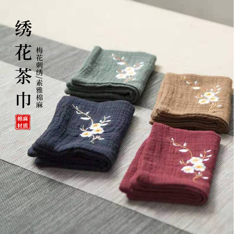 Factory wholesale cotton and linen tea towel absorbent thickened tea towel cotton Zen retro embroidered tea towel Chinese style tea cloth
