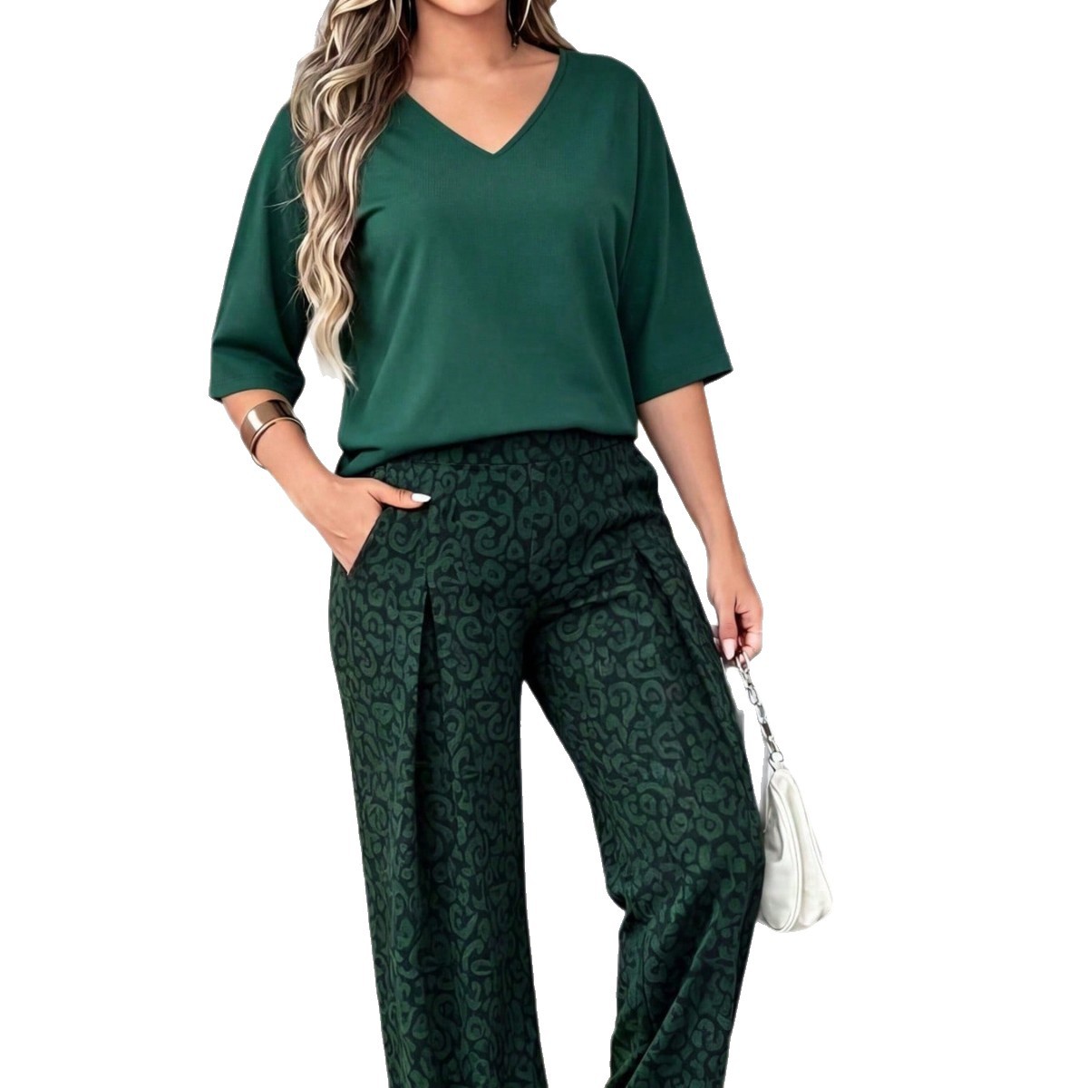 Women's Breathable V-Neck Top And Loose Fit Tropical Print Pants Set Comfortable Knit Two-Piece Outfit for Spring Summer_ecoleips.com