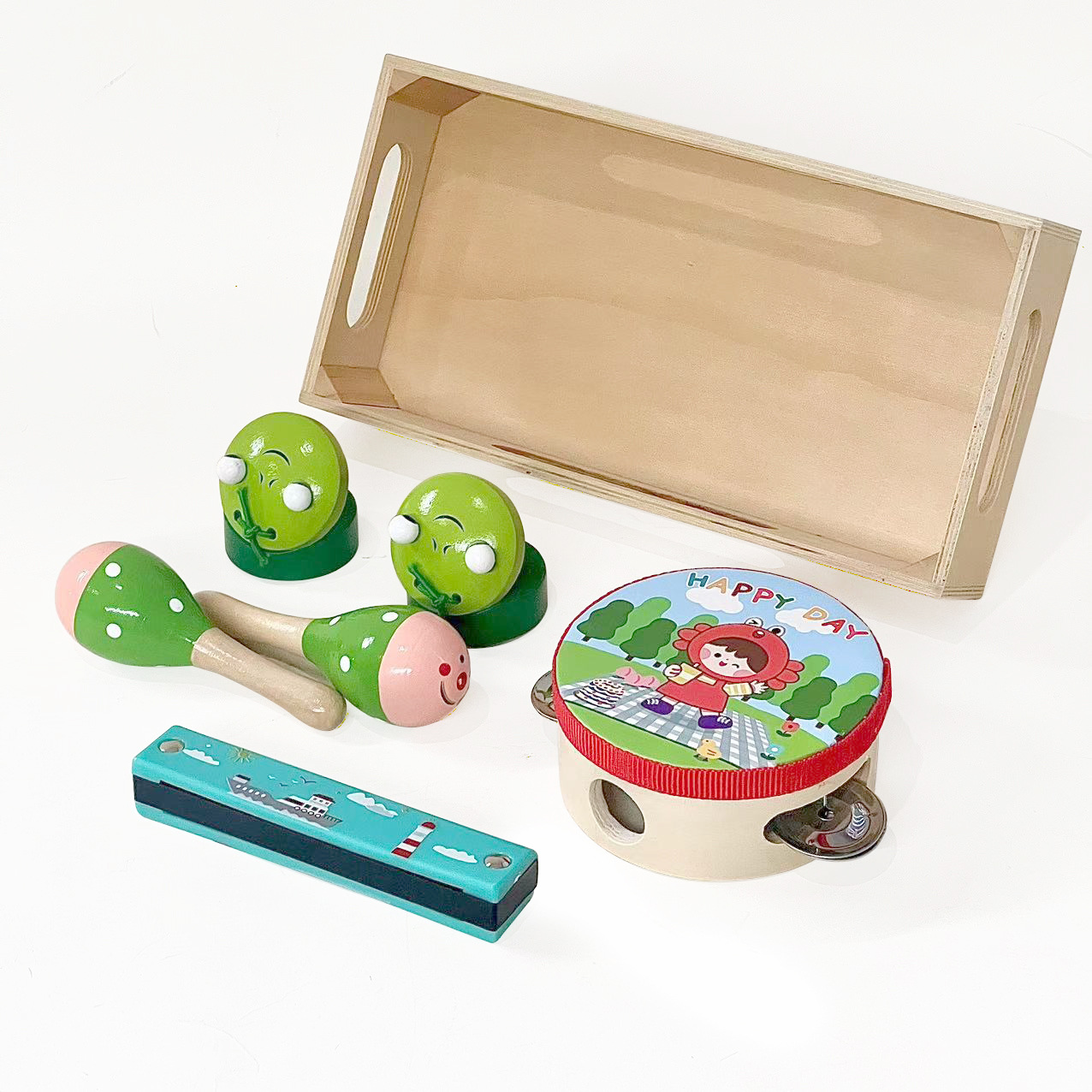 Orff niños percusión instrumento traje arena martillo armónica sonido tablero pandereta juego de cuatro piezas de enseñanza ayuda traje combinación