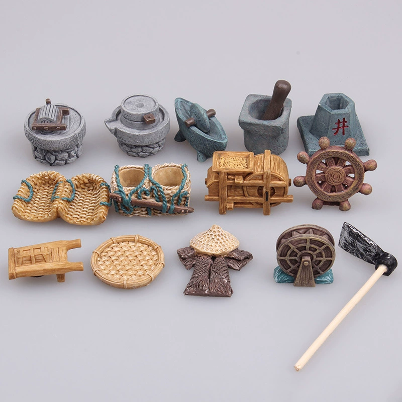 Украшения из смолы Античные инструменты фермы Песочный стол Аксессуары для песка Микро-ландшафтное украшение Каменная мельница