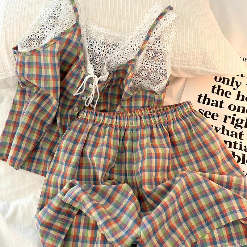 Summer Dopamine Colorful Plaid Suspender Pajamas for Women 2025 New Lace Splicing Sweet Home Wear Set Summer Dopamine Colorful Plaid Suspender Pajamas for Women 2025 New Lace Splicing Sweet Home Wear Set