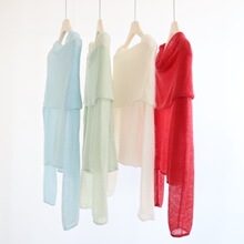 羊毛马海毛混纺透视一字肩长袖直筒针织衫女春季新款氛围感上衣