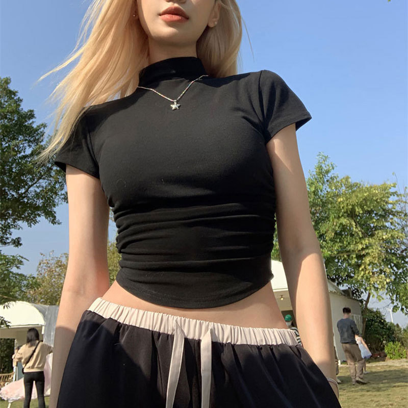 여름 짧은 어깨 슬리밍 반팔 티셔츠 여성의 순수한 욕망 분위기 높은 허리 배꼽 달콤한 매운 타이트탑