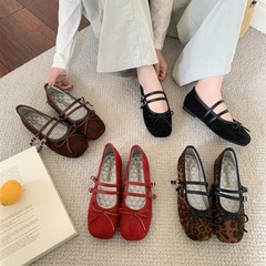 低跟法式复古绒面玛丽珍鞋女新款低跟浅口双排扣内增高芭蕾鞋