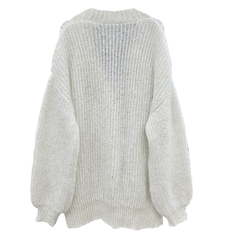 Productos europeos suéter de cuello v chaqueta de mujeres otoño y invierno nuevo estilo de industria pesada estilo francés con sequillas sueltas cardigan de punto perezoso image 4