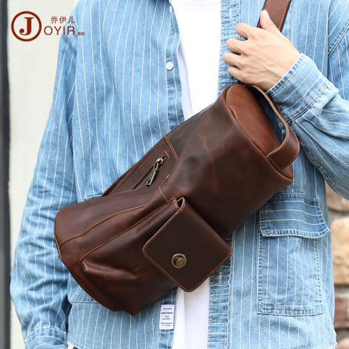  Crazy Horse Leather Retro Crossbody Bag Unique Fashion Trend Cylinder Bag Genuine Leather Crossbody Shoulder Bag Chest Bag Men's Bag