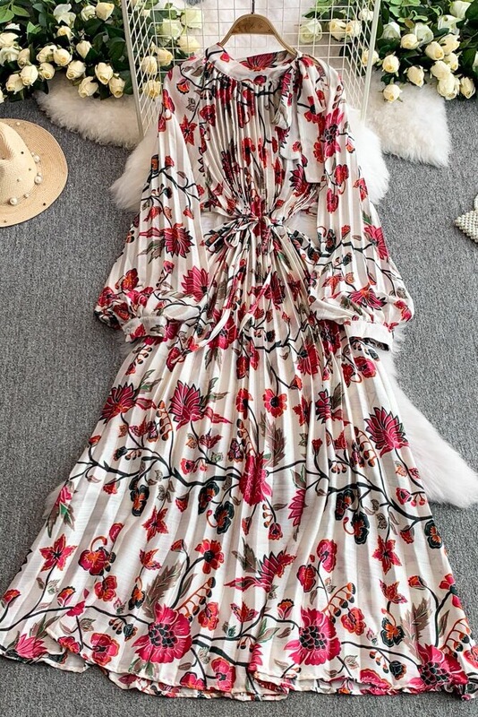 French-Style Printed Round-Neck Lantern Sleeve Dress for Women, New Summer Style, Waist-Cinching, Slimming, Pleated Long Dress for Summer Vacation