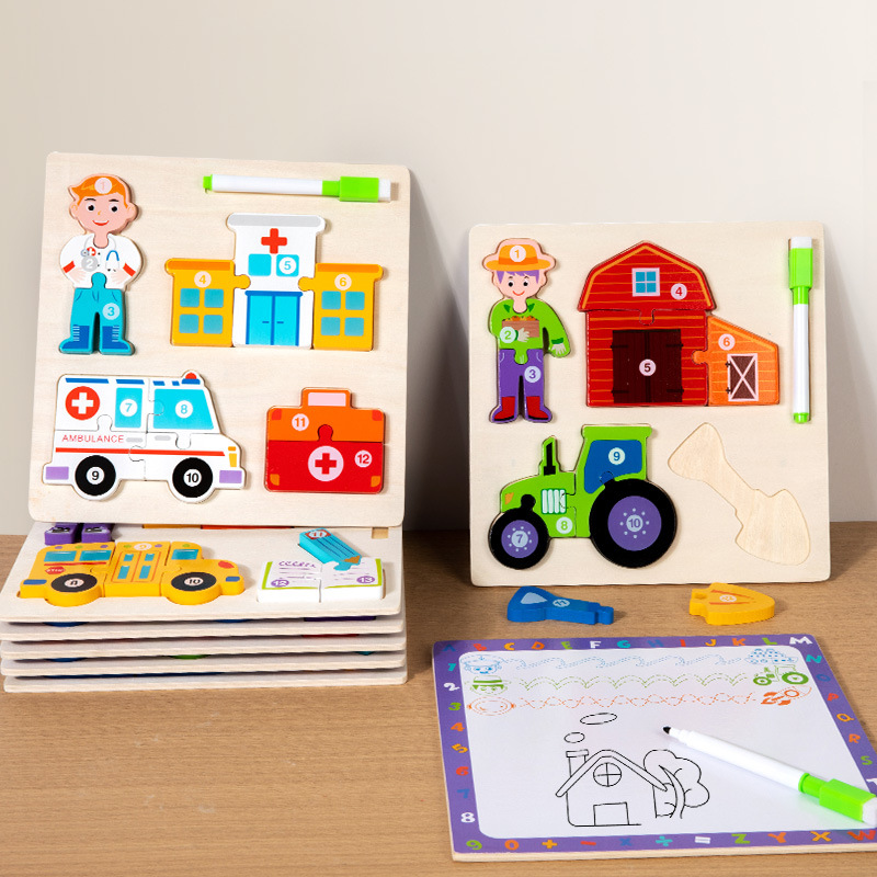 Niños de madera 3D puzzle tridimensional vehículos de transporte de animales cognición gran tablero de puzzle juguetes de educación temprana