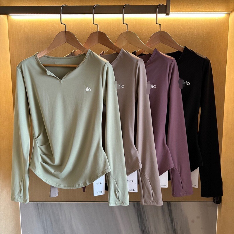 Alo Autumn and Winter Pinch Pleated V Neck Slimming Look Yoga Sports Running Fitness Quick-Drying Long-Sleeved T-Shirt Bottoming Shirt for Women