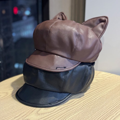 2025新款辣妹风pu皮质猫耳朵黑色贝雷帽女八角帽百搭显脸小云朵帽