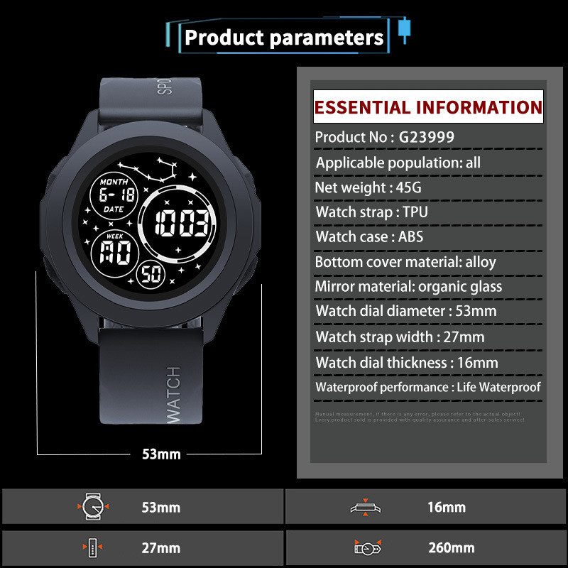 Pantalla completa estrella reloj electrónico deportes al aire libre reloj electrónico reloj redondo juventud multifunción reloj luminoso