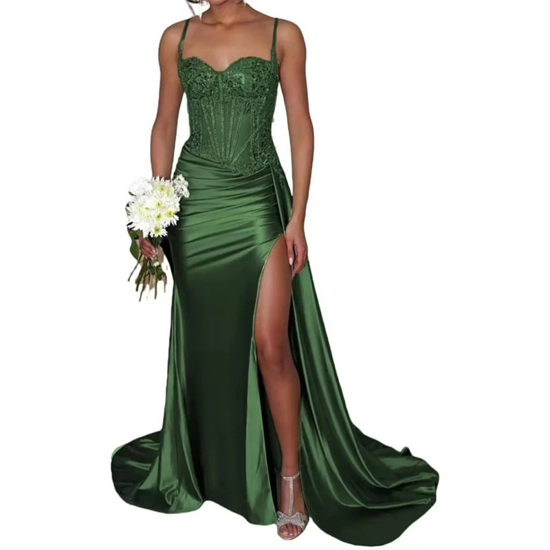 Vestido de noche sexy dividido de satén Vestido largo de tubo transfronterizo europeo y americano con cintura de espina de pescado Vestido delgado Falda larga image 4