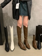 白色高跟尖头瘦瘦长筒长靴女鞋2023新款秋冬季中筒牛仔V口骑士靴