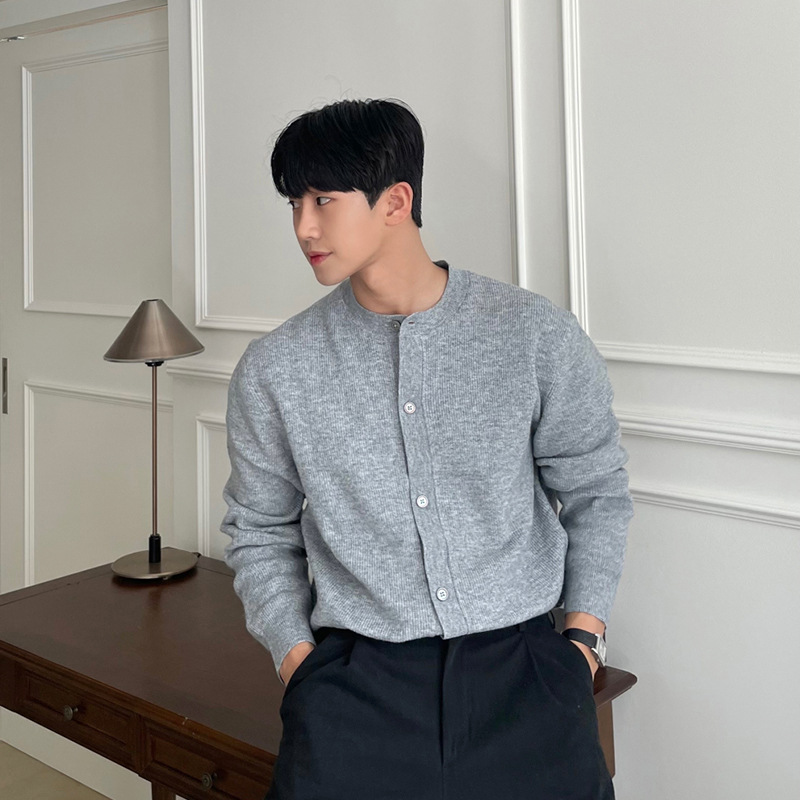 Korean style lazy style solid color round neck sweater coat men's autumn and winter knitted cardigan versatile undershirt top