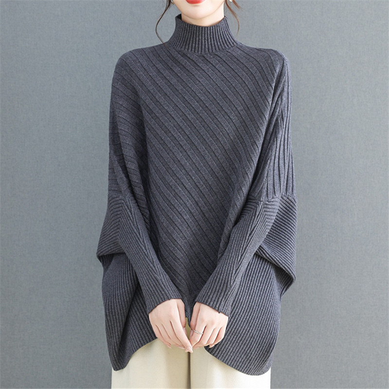 Cross-Border High-Neck Irregular Top Bat-Sleeve Knitwear Women's Loose Belly-Covering Knitwear Large Size Fat mm Bottoming Shirt Cross-Border High-Neck Irregular Top Bat-Sleeve Knitwear Women's Loose Belly-Covering Knitwear Large Size Fat mm Bottoming Shirt