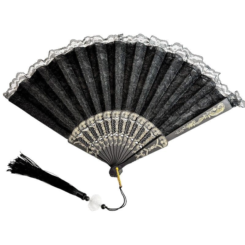 Nuevo abanico plegable de encaje chino para niñas, cheongsam de verano, abanico plegable portátil, abanico de borla Hanfu de estilo nacional