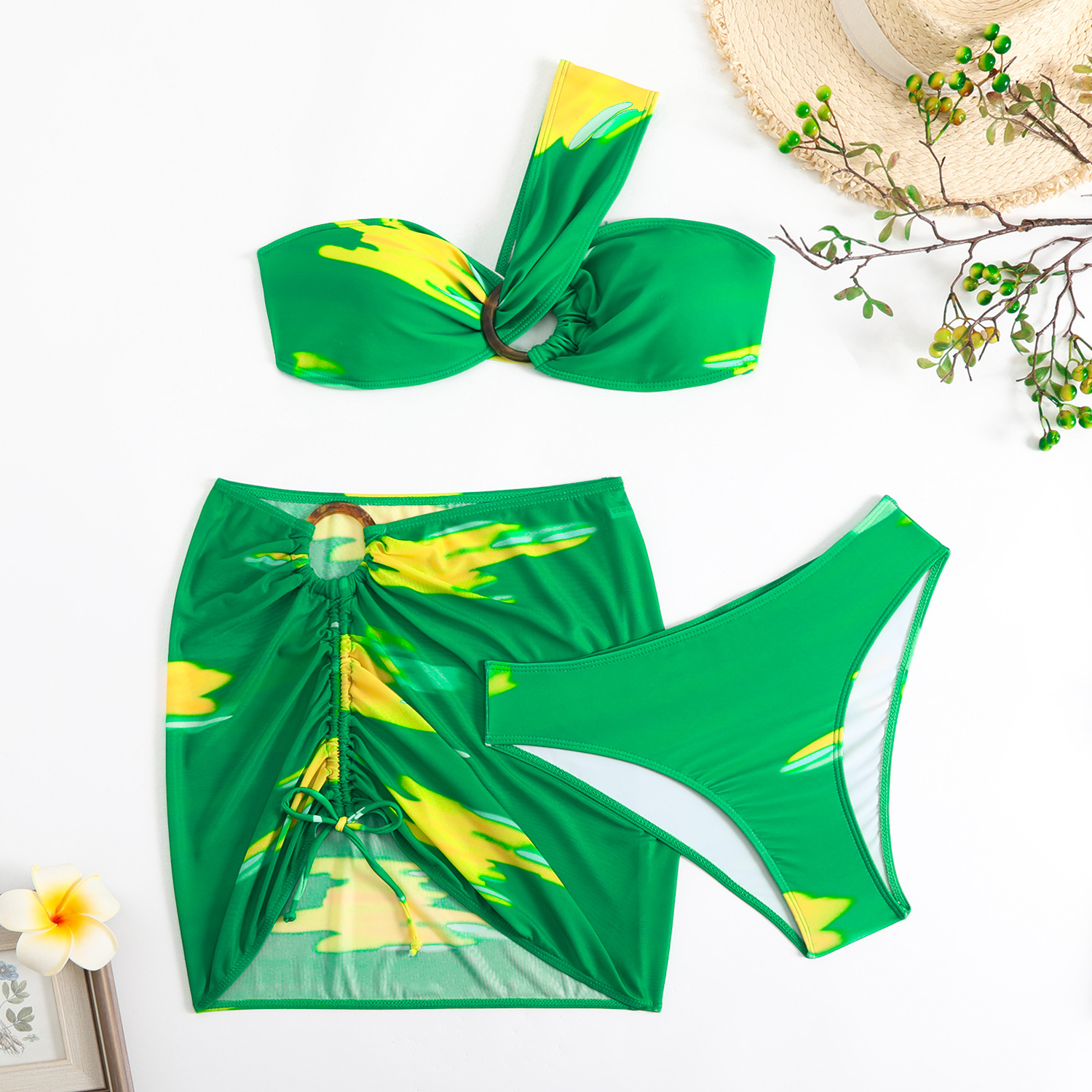 140g Weight Sleeveless Sleeve Length Polyester Fabric Type 3 Pieces Set Quantity Swimming Occasion One Shoulder Neckline Skinny Fit Type Colorful Pattern Women's Gender Sexy Style Women's Sexy Colorful 3 Pieces Set Bikinis Swimwear 26