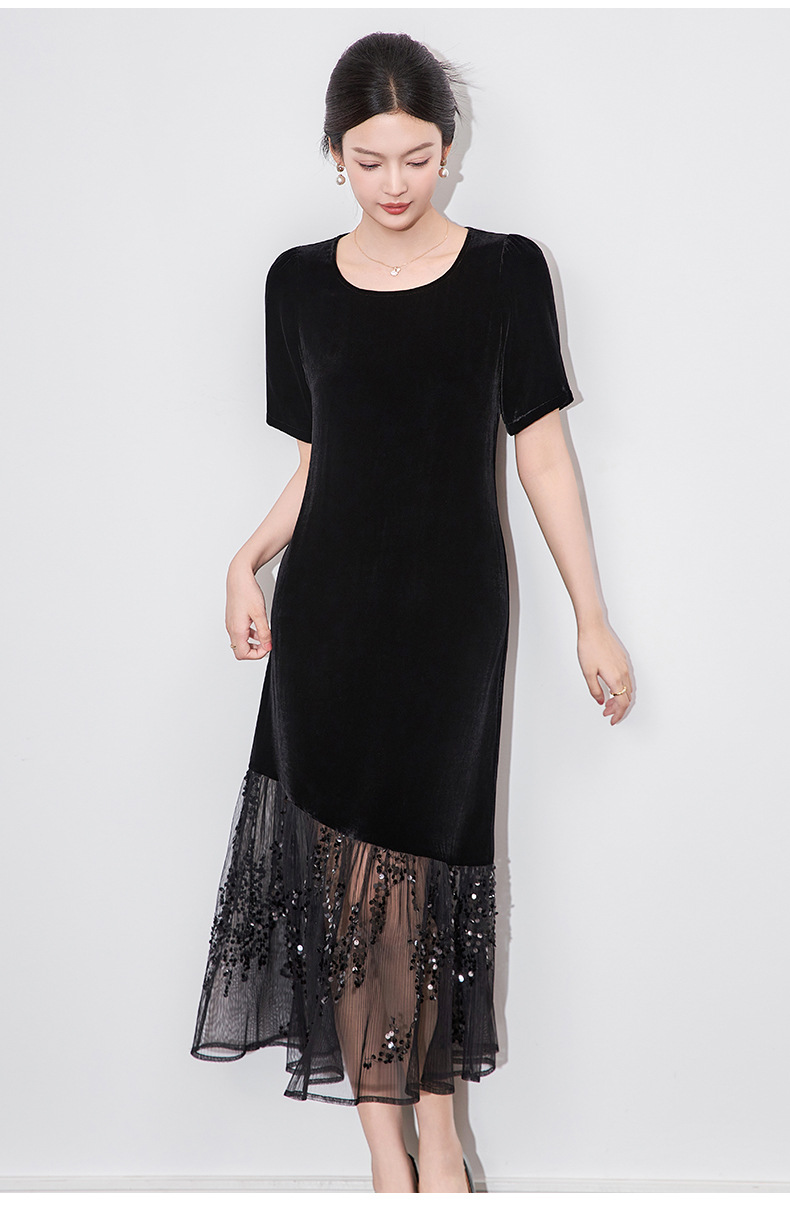 Đầm maxi nữ thắt eo phối lưới đính sequin và nhung — Màu đen chi tiết 9