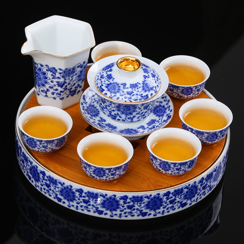 静雅 Blue and white tea set for home use, ceramic teapot, tea cup