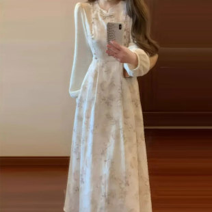New Chinese Style National Style Retro Fake Two-piece Floral dress Cold Style Chic Skirt Spring New