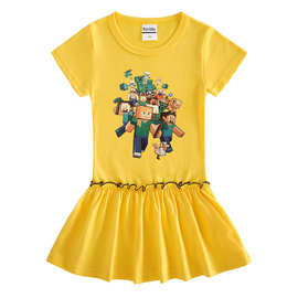 Minecraft夏装新款女童连衣裙纯棉短袖木耳边百褶洋气公主裙子