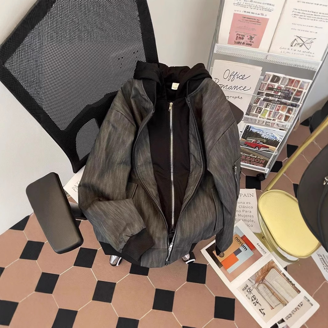 假两件洗水复古棒球服男女春秋宽松休闲短款连帽皮衣工装夹克外套