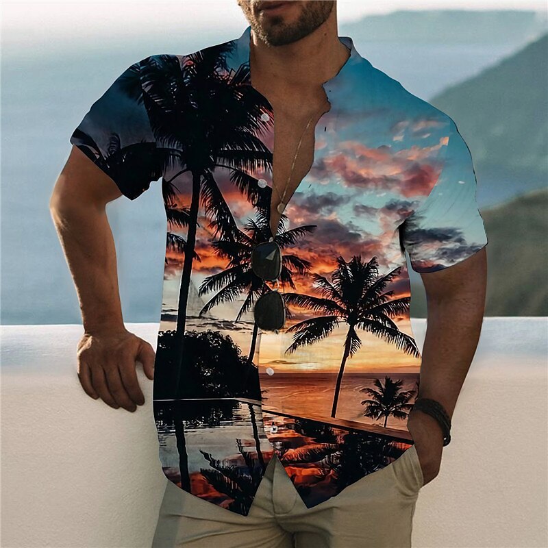 Men's shirt pattern shirt Aloha shirt coconut tree landscape 3D printing outdoor leisure short sleeve