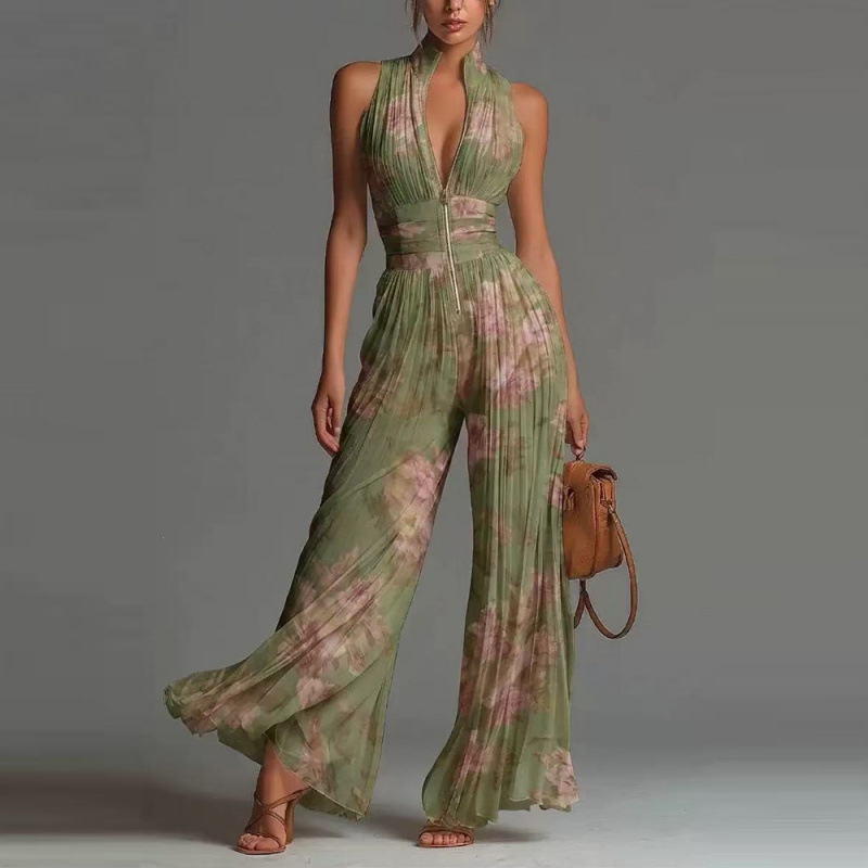 2026 European and American Style New Cross-Border Fashion Pleated White Women's Long Wide-Leg Pants Sexy Ruched Halter Neck Jumpsuit