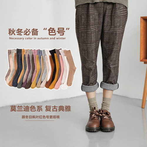 Zhuji women's crew socks pure cotton spring and autumn thin single color stack socks Japanese black long socks trendy items