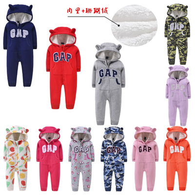 新款婴幼儿连体衣加绒保暖爬服包屁衣 羊羔绒/珊瑚绒宝宝可爱哈衣