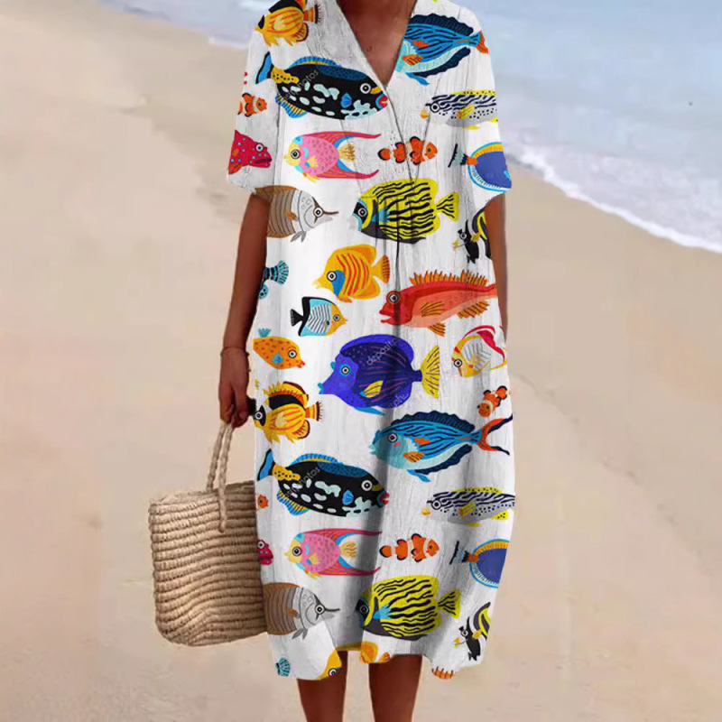 2025 Cross-Border Independent Site Shirt Dress Amazon Women's Casual Marine Life Print Long-Sleeve Dress for Women