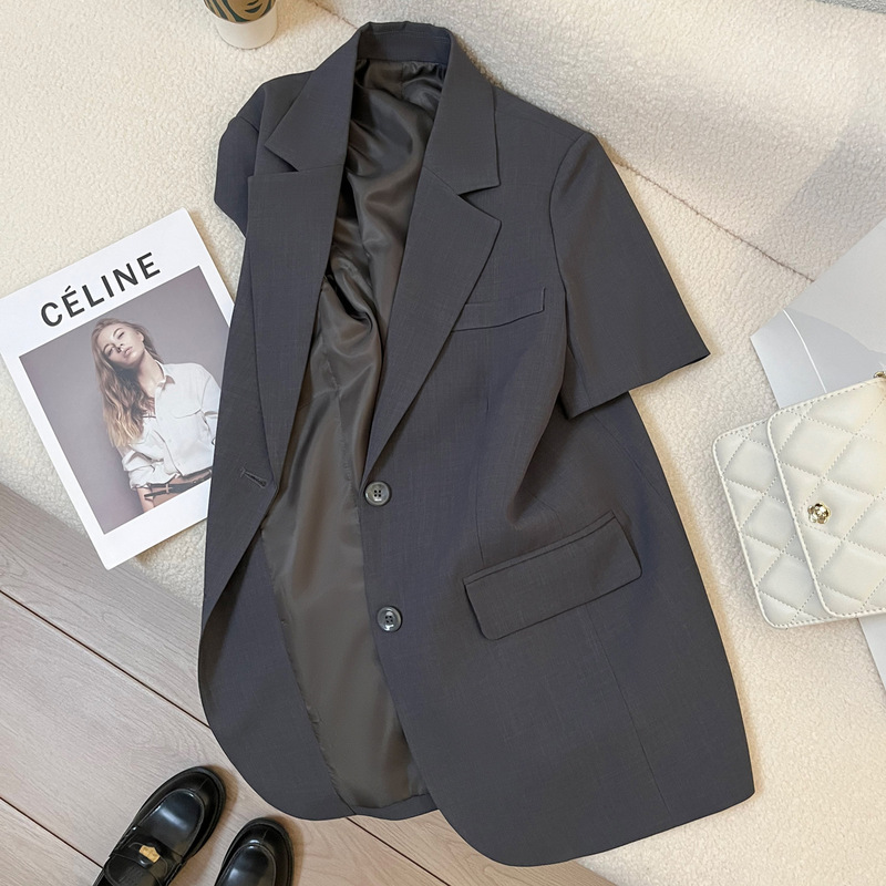 Gray Retro Short-Sleeved Suit Jacket for Women Spring, Autumn and Summer 2025 New High-End Fashion Casual Street Suit for Women