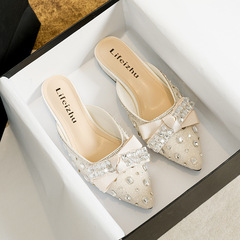 包頭法式氣質單鞋中跟半拖鞋女夏季外穿水鑽蝴蝶結黑色尖頭穆勒鞋