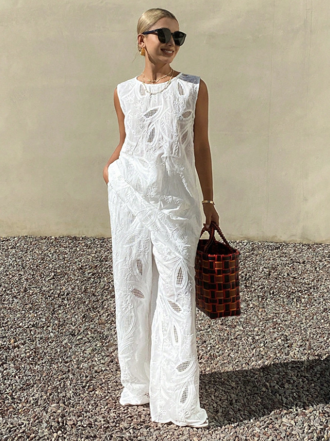 White Embroidered Sleeveless Vest Wide Leg Pants Two Piece Casual Fashion Set Women's Clothing_ecoleips.com