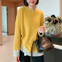 春季款德绒假两件长袖T恤女2026新款宽松遮肚子长款洋气叠穿上衣