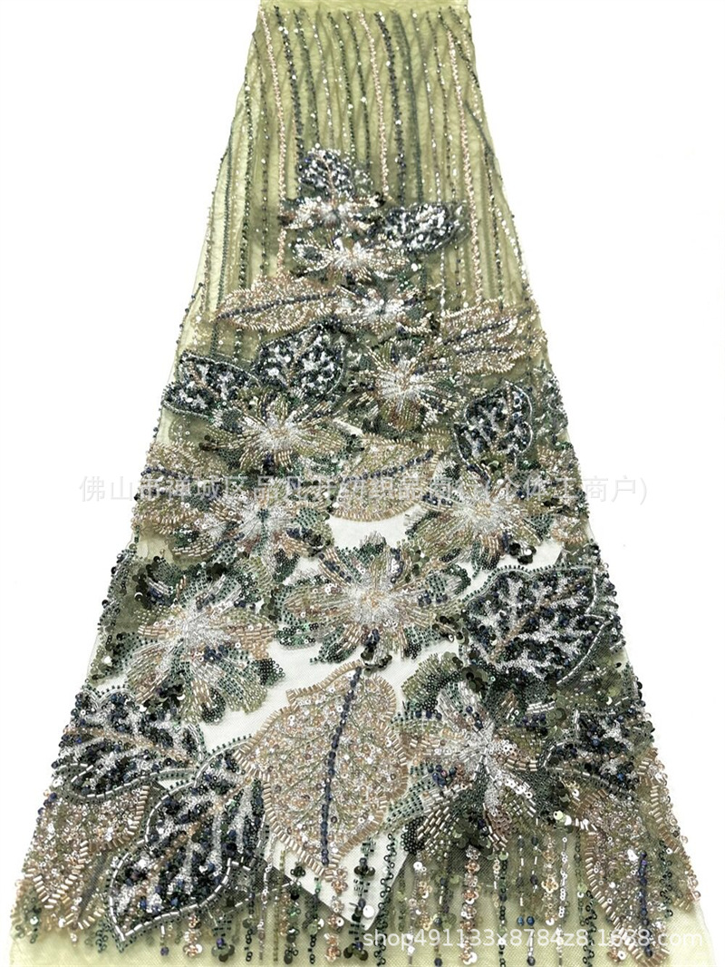 Flores tridimensionales hoja de clavos de cuentas bordadas tela de vestido de boda fabricantes de diseño de cuentas de diseño de tela de bordado de tubería pesada image 8