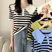娃娃领条纹撞色短袖针织衫女夏季薄款短款小个子甜美显瘦上衣女潮