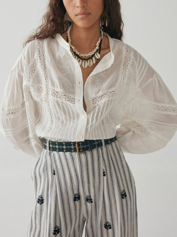 Autumn 2025 New French Bohemian Style Hollow Lace Round Neck Lantern Sleeve Solid Color Cardigan Long Sleeve Women's Shirt